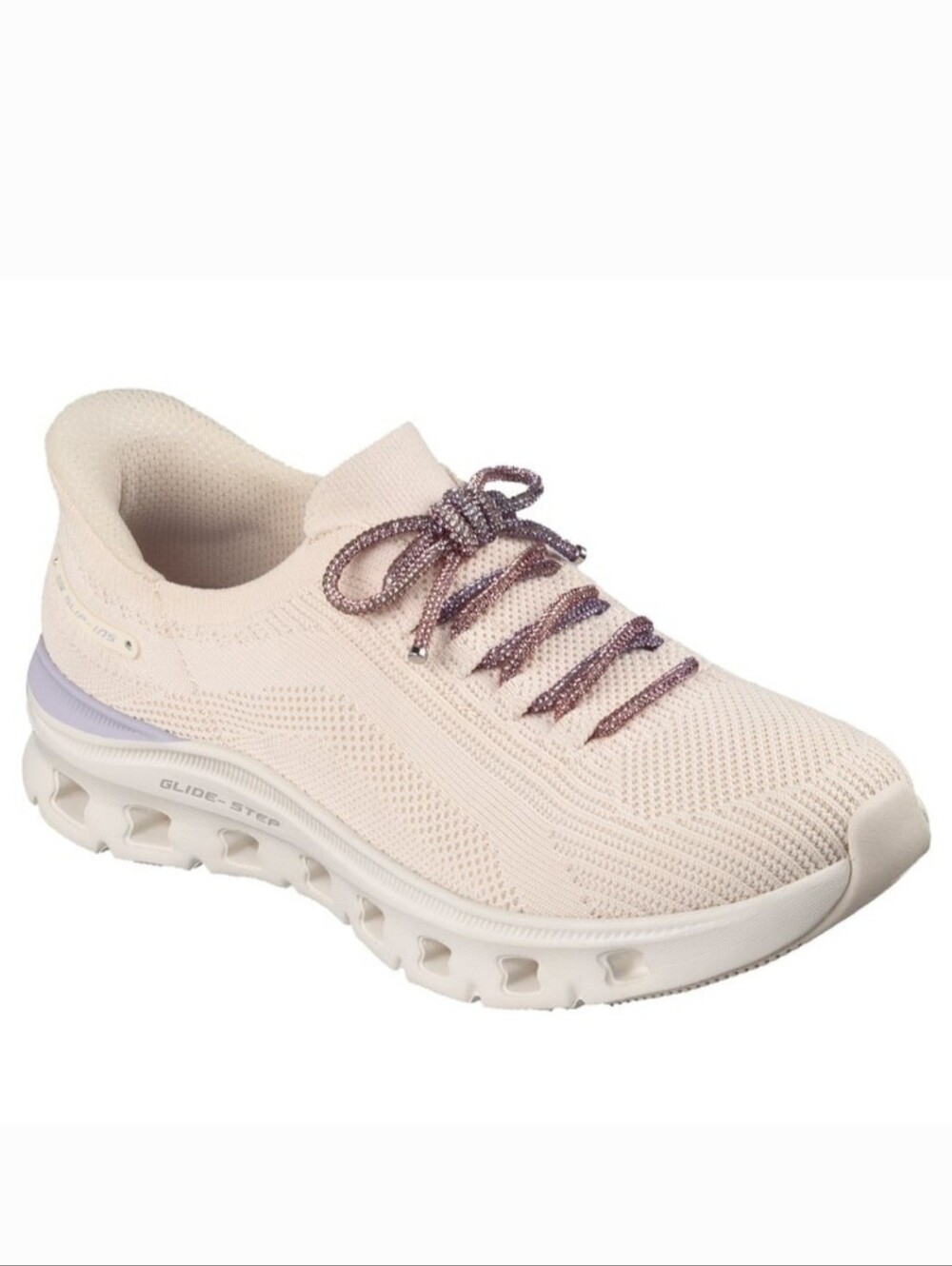 Skechers Women's Pale Pink Knit Slip-On Sneakers with Purple Laces